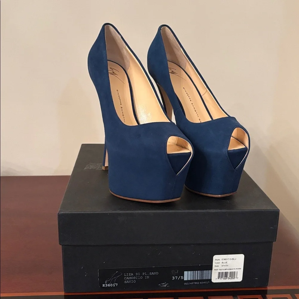 Giuseppe Zanotti Suede Leather Blue Stiletto Liza 90 Open Toe Platform Pump 7.5